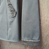 Show Jacket, Micro Suede Trim, Zippers, Snaps, bling *gc, snags, stained cuffs, dirty sleeve, seam puckers

