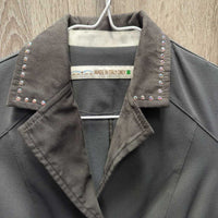 Show Jacket, Micro Suede Trim, Zippers, Snaps, bling *gc, snags, stained cuffs, dirty sleeve, seam puckers
