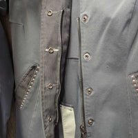 Show Jacket, Micro Suede Trim, Zippers, Snaps, bling *gc, snags, stained cuffs, dirty sleeve, seam puckers
