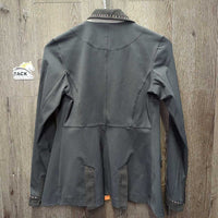 Show Jacket, Micro Suede Trim, Zippers, Snaps, bling *gc, snags, stained cuffs, dirty sleeve, seam puckers
