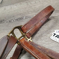 Narrow Double Stitch Leather Halter, adj, snap *vgc, clean, stiff, rubs, mnr stains, vmnr dirt
