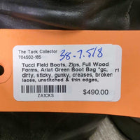 Field Boots, Zips, Full Wood Forms, Ariat Green Boot Bag *gc, dirty, sticky, gunky, creases, broken laces, unstitched & thin edges, v.puckered lining
