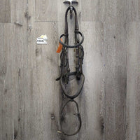 Monocrown Hunter Bridle, Flash *gc, dirty, gunky/sticky residue, loose hooks, Flash: chewed/stiff & missing keeper, older?
