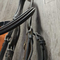 Monocrown Hunter Bridle, Flash *gc, dirty, gunky/sticky residue, loose hooks, Flash: chewed/stiff & missing keeper, older?
