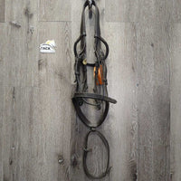 Monocrown Hunter Bridle, Flash *gc, dirty, gunky/sticky residue, loose hooks, Flash: chewed/stiff & missing keeper, older?

