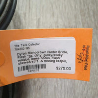 Monocrown Hunter Bridle, Flash *gc, dirty, gunky/sticky residue, loose hooks, Flash: chewed/stiff & missing keeper, older?
