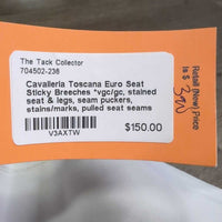 Euro Seat Sticky Breeches *vgc/gc, stained seat & legs, seam puckers, stains/marks, pulled seat seams, older, dry/rough stickies
