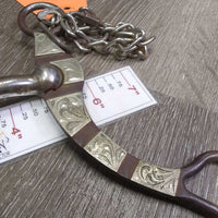 Curved LS Mullen Mouth Western Bit, Center Roller, Chain, Tooled Sides *gc, rubs, clean, rusty, stains
