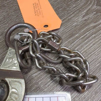 Curved LS Mullen Mouth Western Bit, Center Roller, Chain, Tooled Sides *gc, rubs, clean, rusty, stains
