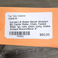 Curved LS Mullen Mouth Western Bit, Center Roller, Chain, Tooled Sides *gc, rubs, clean, rusty, stains
