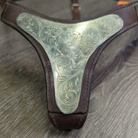 1" Wide Thick Soft Leather & Engraved Silver Breastcollar *xc/vgc, mnr dirt, creases
