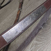 1" Wide Thick Soft Leather & Engraved Silver Breastcollar *xc/vgc, mnr dirt, creases

