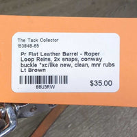 Pr Flat Leather Barrel - Roper Loop Reins, 2x snaps, conway buckle *xc/like new, clean, mnr rubs
