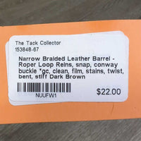 Narrow Braided Leather Barrel - Roper Loop Reins, snap, conway buckle *gc, clean, film, stains, twist, bent, stiff
