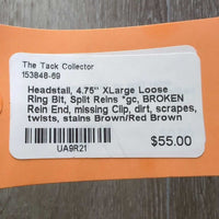 Headstall, 4.75" XLarge Loose Ring Bit, Split Reins *gc, BROKEN Rein End, missing Clip, dirt, scrapes, twists, stains
