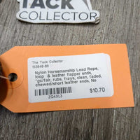 Nylon Horsemanship Lead Rope, loop & leather flapper ends, *gc/fair, rubs, frays, clean, faded, chewed/short leather ends, No Snap
