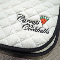 Quilt Dressage Pad, "Carrots & Cocktails" *gc, clean, mnr stains, rubs, hair, pills, dingy, faded, puckers
