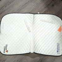 Quilt Dressage Pad, "Carrots & Cocktails" *gc, clean, mnr stains, rubs, hair, pills, dingy, faded, puckers
