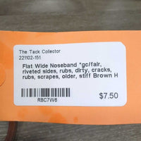Flat Wide Noseband *gc/fair, riveted sides, rubs, dirty, cracks, rubs, scrapes, older, stiff
