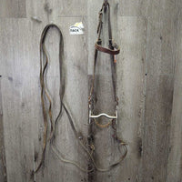 Wide Flat Headstall, Curb Bit, Plain Reins *fair, dirty, NO Throat, older, dry, stiff, dirty
