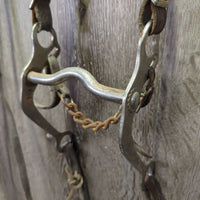 Wide Flat Headstall, Curb Bit, Plain Reins *fair, dirty, NO Throat, older, dry, stiff, dirty
