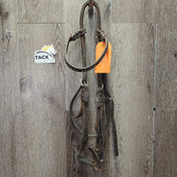 Narrrow Thick Headstall, 2 leather laces *gc/fair, dirty, older, residue, dry, stiff, twists, rubs, older, bent keepers, creases
