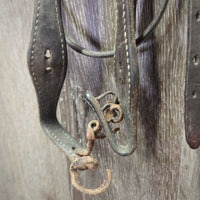 Narrrow Thick Headstall, 2 leather laces *gc/fair, dirty, older, residue, dry, stiff, twists, rubs, older, bent keepers, creases
