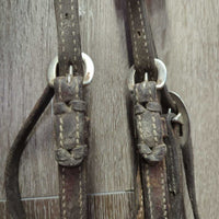 Narrrow Thick Headstall, 2 leather laces *gc/fair, dirty, older, residue, dry, stiff, twists, rubs, older, bent keepers, creases
