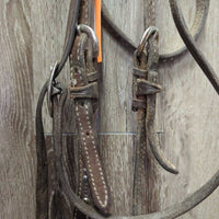 Narrrow Thick Headstall, 2 leather laces *gc/fair, dirty, older, residue, dry, stiff, twists, rubs, older, bent keepers, creases
