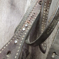 Narrrow Thick Headstall, 2 leather laces *gc/fair, dirty, older, residue, dry, stiff, twists, rubs, older, bent keepers, creases
