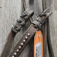 Narrrow Thick Headstall, 2 leather laces *gc/fair, dirty, older, residue, dry, stiff, twists, rubs, older, bent keepers, creases
