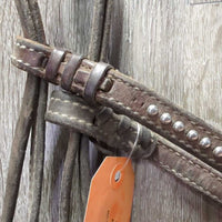 Narrrow Thick Headstall, 2 leather laces *gc/fair, dirty, older, residue, dry, stiff, twists, rubs, older, bent keepers, creases
