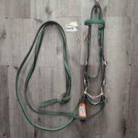 Stiff Nylon Web Headstall, Split Reins, half cheek bit, Chin Strap *gc, rubs, faded, rusty, oxidized

