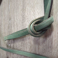 Stiff Nylon Web Headstall, Split Reins, half cheek bit, Chin Strap *gc, rubs, faded, rusty, oxidized
