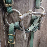 Stiff Nylon Web Headstall, Split Reins, half cheek bit, Chin Strap *gc, rubs, faded, rusty, oxidized
