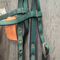 Stiff Nylon Web Headstall, Split Reins, half cheek bit, Chin Strap *gc, rubs, faded, rusty, oxidized

