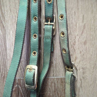 Stiff Nylon Web Headstall, Split Reins, half cheek bit, Chin Strap *gc, rubs, faded, rusty, oxidized
