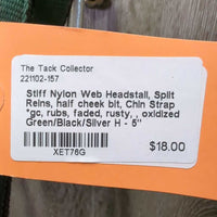 Stiff Nylon Web Headstall, Split Reins, half cheek bit, Chin Strap *gc, rubs, faded, rusty, oxidized

