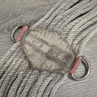 15 Nylon String Cinch, 2x D Rings, Leather Center *fair, v.dirty, stains, stiff, rubs, rusty
