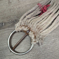 15 Nylon String Cinch, 2x D Rings, Leather Center *fair, v.dirty, stains, stiff, rubs, rusty
