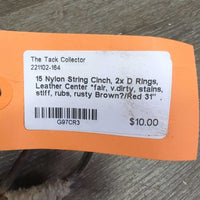 15 Nylon String Cinch, 2x D Rings, Leather Center *fair, v.dirty, stains, stiff, rubs, rusty
