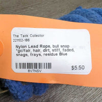 Nylon Lead Rope, bull snap *gc/fair, hair, dirt, stiff, faded, snags, frays, residue
