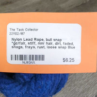 Nylon Lead Rope, bull snap *gc/fair, stiff, mnr hair, dirt, faded, snags, frays, rust, loose snap
