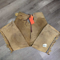 Hvy Suede Western Full Chaps, Lace Back, Fringe *vgc/gc, older, rubs, stains, fadedmnr stains, rubs, dry & stiff edges
