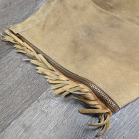 Hvy Suede Western Full Chaps, Lace Back, Fringe *vgc/gc, older, rubs, stains, fadedmnr stains, rubs, dry & stiff edges
