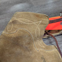 Hvy Suede Western Full Chaps, Lace Back, Fringe *vgc/gc, older, rubs, stains, fadedmnr stains, rubs, dry & stiff edges
