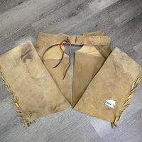Hvy Suede Western Full Chaps, Lace Back, Fringe *vgc/gc, older, rubs, stains, fadedmnr stains, rubs, dry & stiff edges
