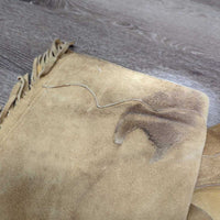 Hvy Suede Western Full Chaps, Lace Back, Fringe *vgc/gc, older, rubs, stains, fadedmnr stains, rubs, dry & stiff edges
