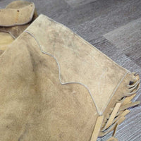 Hvy Suede Western Full Chaps, Lace Back, Fringe *vgc/gc, older, rubs, stains, fadedmnr stains, rubs, dry & stiff edges
