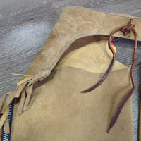 Hvy Suede Western Full Chaps, Lace Back, Fringe *vgc/gc, older, rubs, stains, fadedmnr stains, rubs, dry & stiff edges
